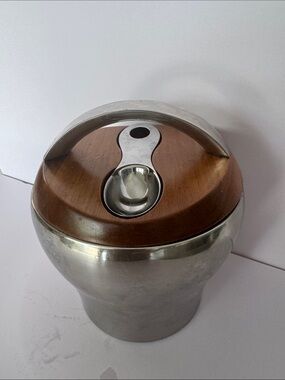 Nambe Brown Wood Lid and Silver Stainless Ice Bucket with Handle